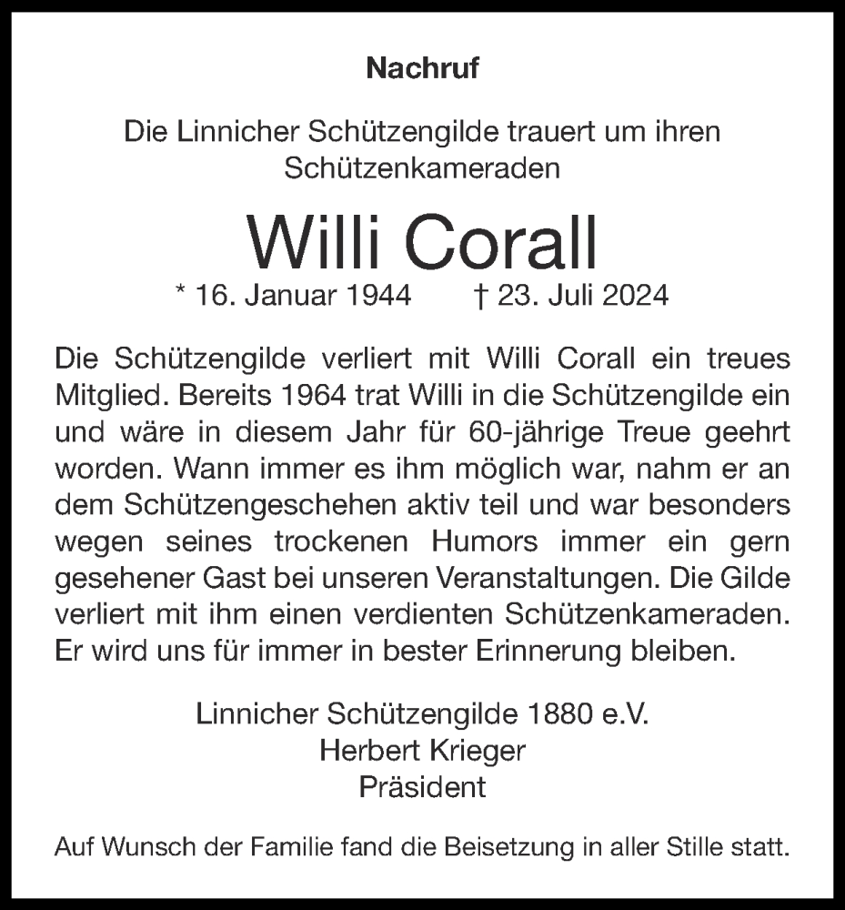  Traueranzeige für Willi Corall vom 11.08.2024 aus Zeitung am Sonntag