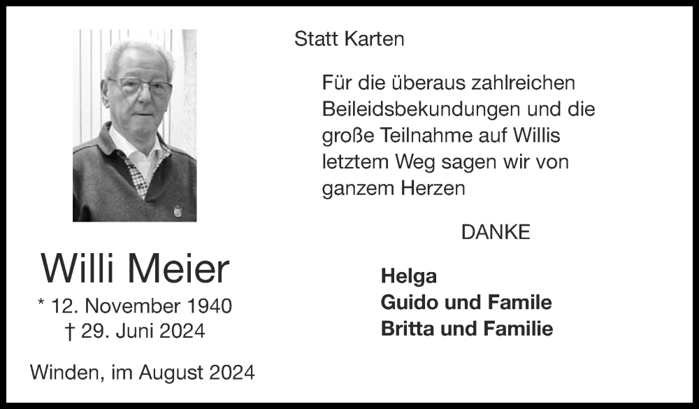  Traueranzeige für Willi Meier vom 25.08.2024 aus Zeitung am Sonntag