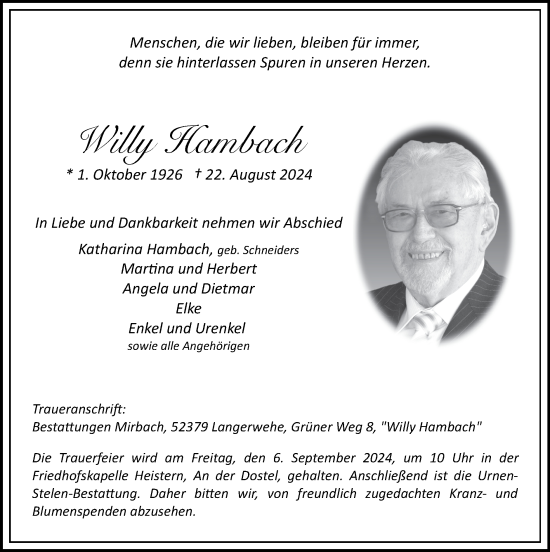 Traueranzeige von Willy Hambach von Zeitung am Sonntag