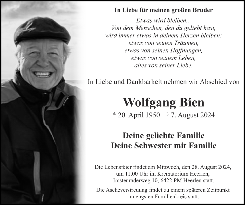  Traueranzeige für Wolfgang Bien vom 25.08.2024 aus Zeitung am Sonntag
