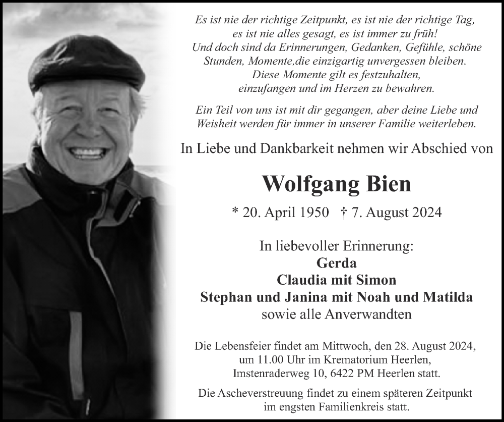  Traueranzeige für Wolfgang Bien vom 25.08.2024 aus Zeitung am Sonntag