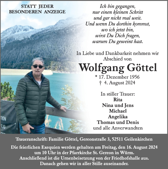 Traueranzeige von Wolfgang Göttel von Zeitung am Sonntag
