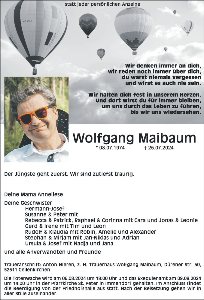  Traueranzeige für Wolfgang Maibaum vom 04.08.2024 aus Zeitung am Sonntag