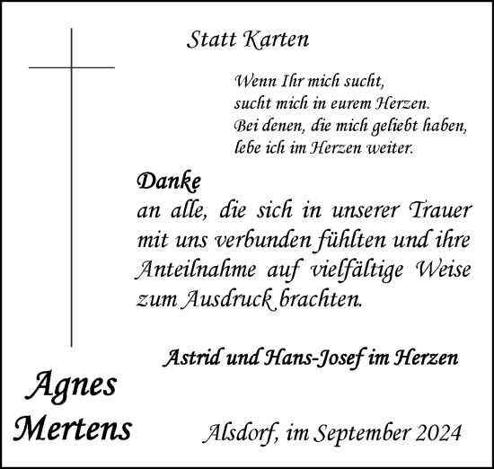 Traueranzeige von Agnes Mertens von Zeitung am Sonntag