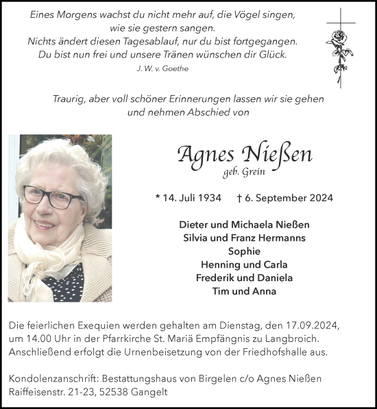 Traueranzeige von Agnes Nießen von Zeitung am Sonntag