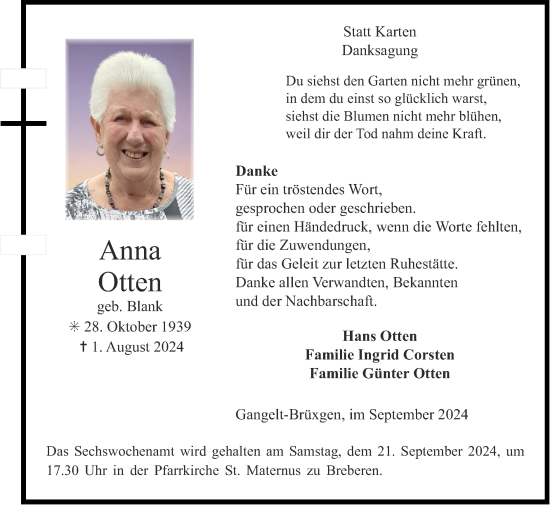 Traueranzeige von Anna Otten von Zeitung am Sonntag
