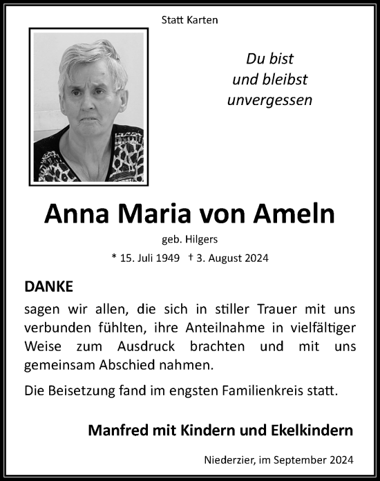 Traueranzeige von Anna Maria von Ameln von Zeitung am Sonntag