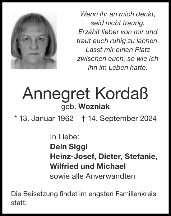 Traueranzeige von Annegret Kordaß von Zeitung am Sonntag