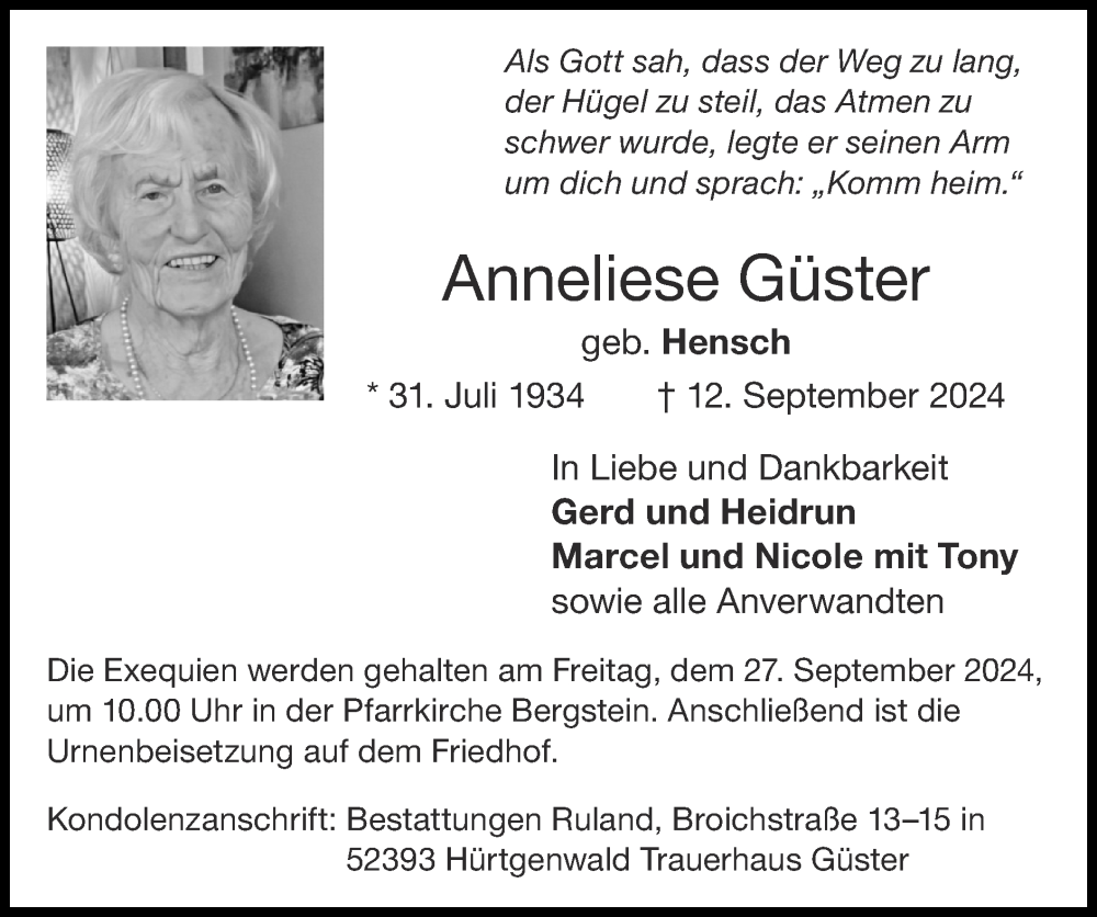  Traueranzeige für Anneliese Güster vom 22.09.2024 aus Zeitung am Sonntag