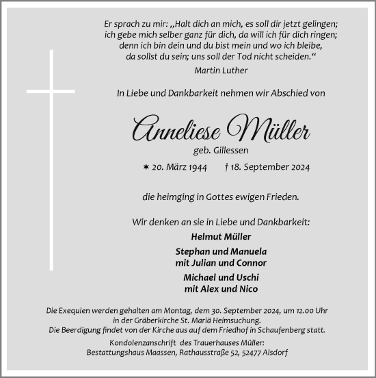 Traueranzeige von Anneliese Müller von Zeitung am Sonntag