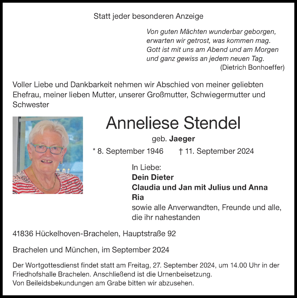  Traueranzeige für Anneliese Stendel vom 22.09.2024 aus Zeitung am Sonntag