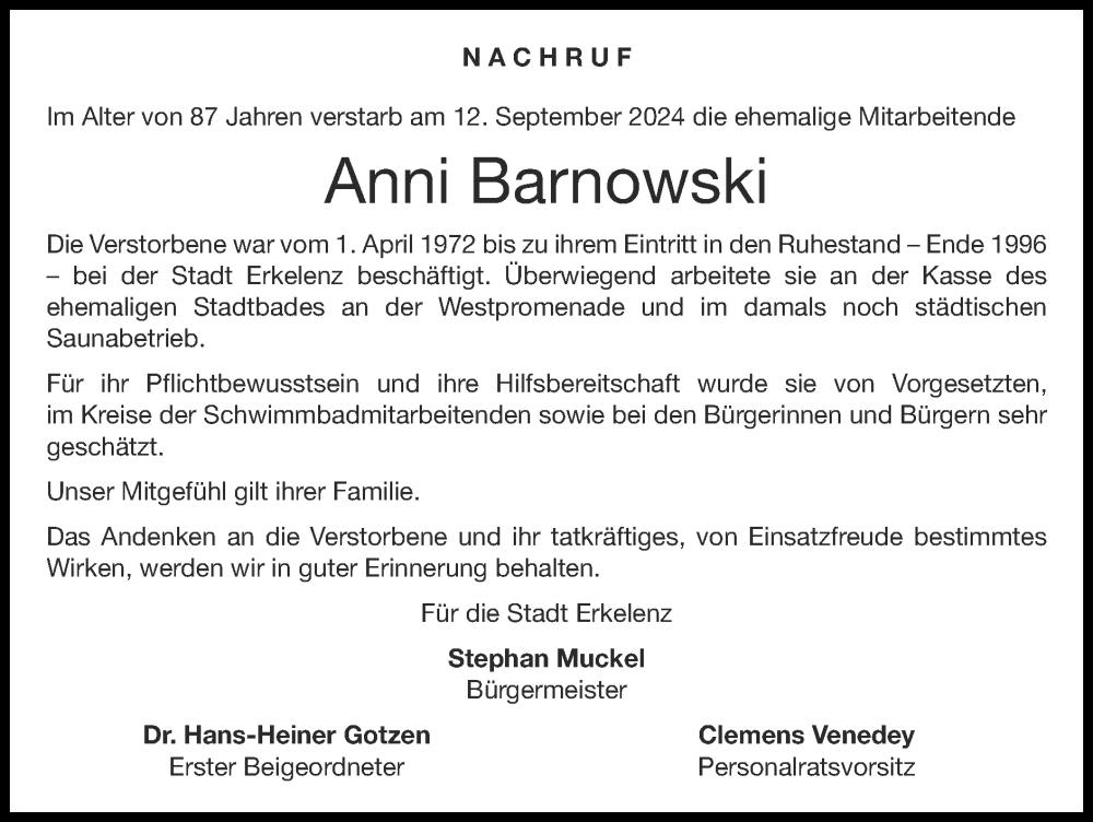  Traueranzeige für Anni Barnowski vom 29.09.2024 aus Zeitung am Sonntag