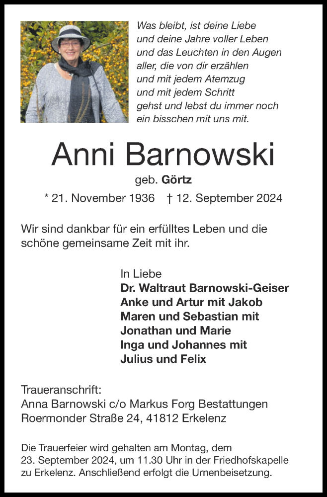  Traueranzeige für Anni Barnowski vom 22.09.2024 aus Zeitung am Sonntag