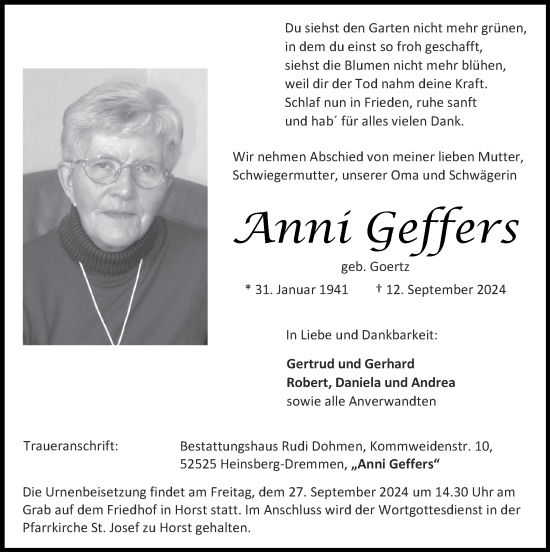 Traueranzeige von Anni Geffers von Zeitung am Sonntag