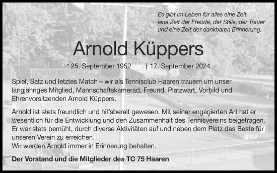 Traueranzeige von Arnold Küppers von Zeitung am Sonntag
