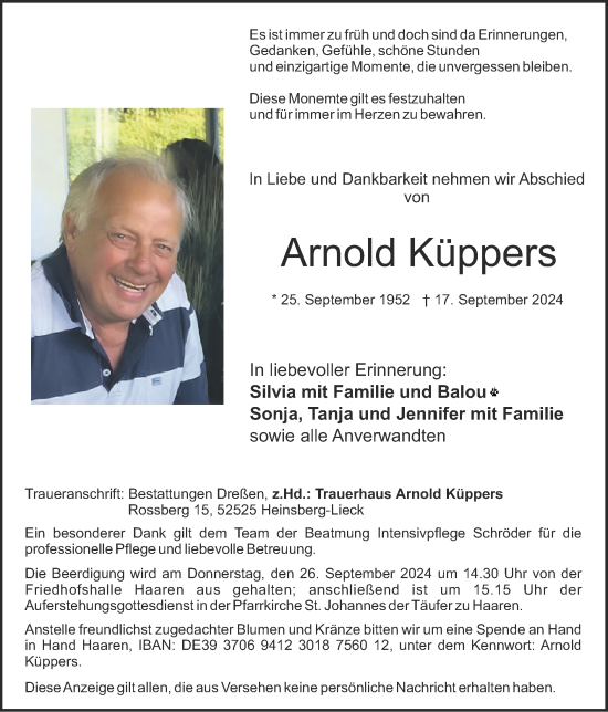 Traueranzeige von Arnold Küppers von Zeitung am Sonntag