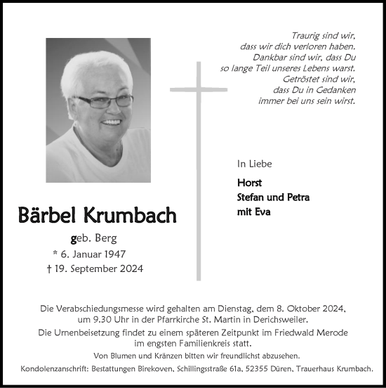 Traueranzeige von Bärbel Krumbach von Zeitung am Sonntag