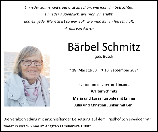 Traueranzeige von Bärbel Schmitz von Zeitung am Sonntag