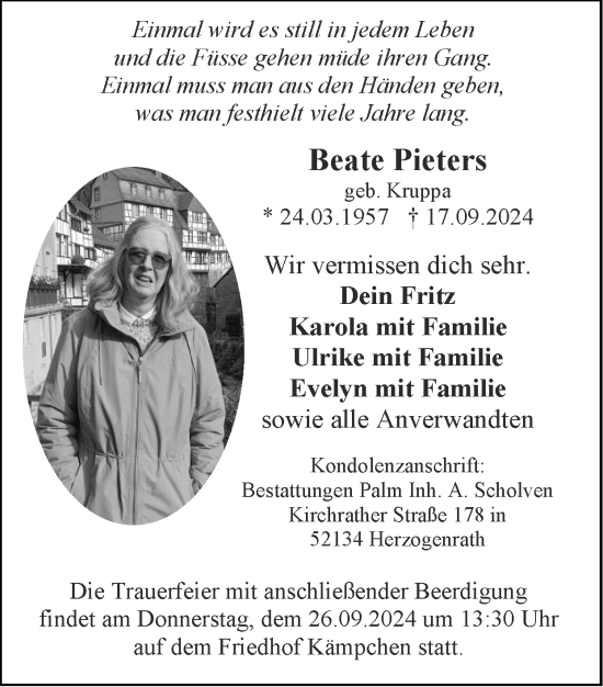 Traueranzeige von Beate Pieters von Zeitung am Sonntag