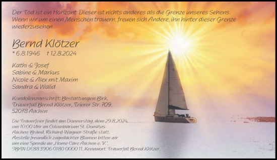 Traueranzeige von Bernd Klötzer von Aachener Zeitung