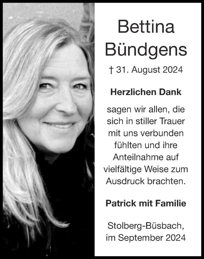  Traueranzeige für Bettina Bündgens vom 22.09.2024 aus Zeitung am Sonntag