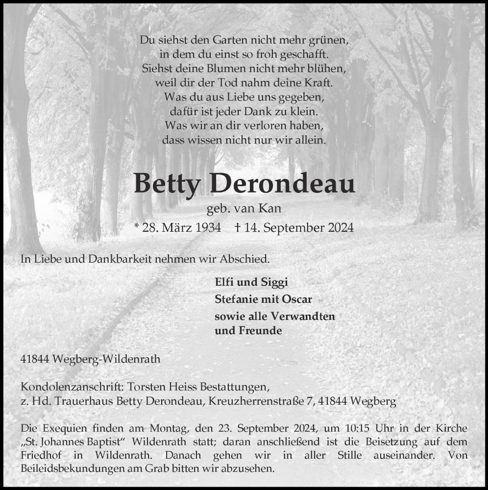  Traueranzeige für Betty Derondeau vom 22.09.2024 aus Zeitung am Sonntag