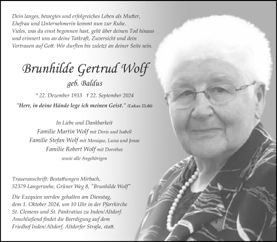 Traueranzeige von Brunhilde Gertrud Wolf von Zeitung am Sonntag