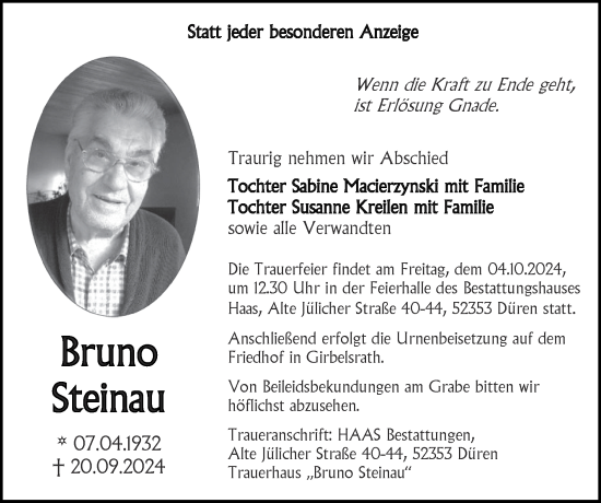 Traueranzeige von Bruno Steinau von Zeitung am Sonntag
