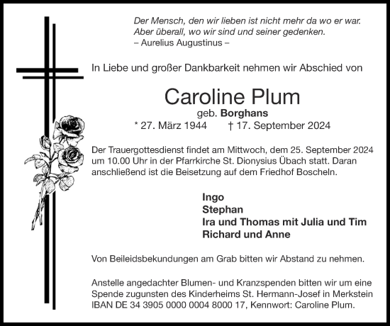 Traueranzeige von Caroline Plum von Zeitung am Sonntag