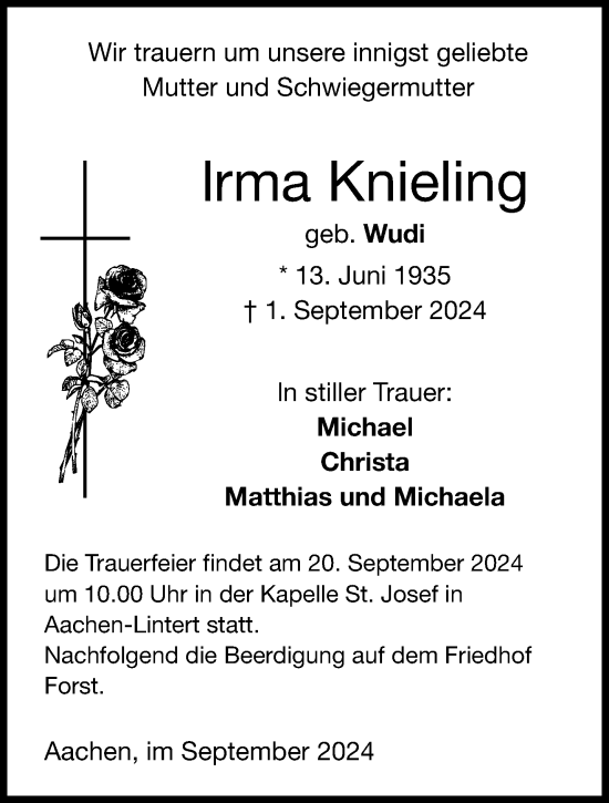 Traueranzeige von lrma Knieling von Aachener Zeitung