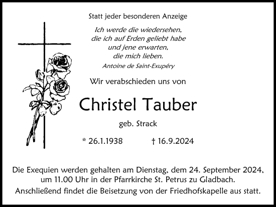Traueranzeige von Christel Tauber von Zeitung am Sonntag
