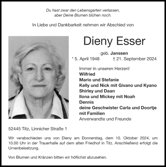 Traueranzeige von Dieny Esser von Zeitung am Sonntag