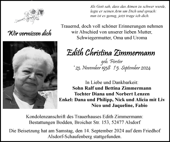 Traueranzeige von Edith Christina Zimmermann von Zeitung am Sonntag