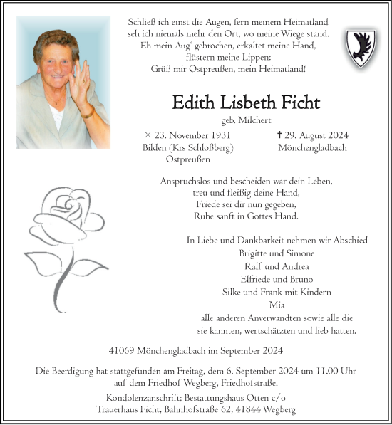 Traueranzeige von Edith Lisbeth Ficht von Zeitung am Sonntag