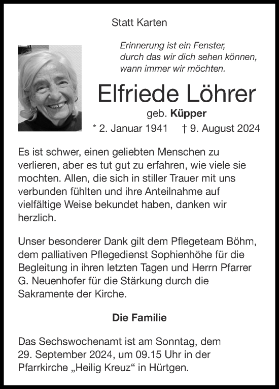 Traueranzeige von Elfriede Löhrer von Zeitung am Sonntag