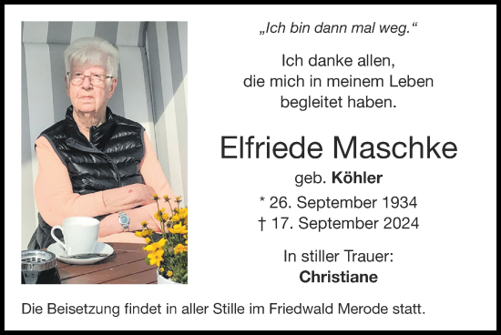 Traueranzeige von Elfriede Maschke von Zeitung am Sonntag