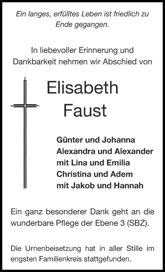 Traueranzeige von Elisabeth Faust von Zeitung am Sonntag