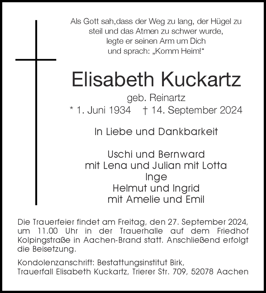  Traueranzeige für Elisabeth Kuckartz vom 21.09.2024 aus Aachener Zeitung