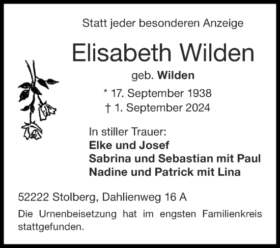 Traueranzeige von Elisabeth Wilden von Zeitung am Sonntag