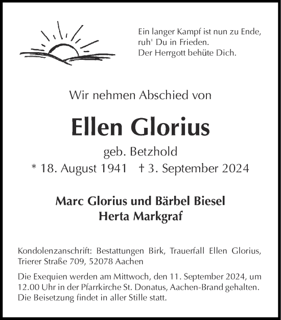 Traueranzeige von Ellen Glorius von Zeitung am Sonntag