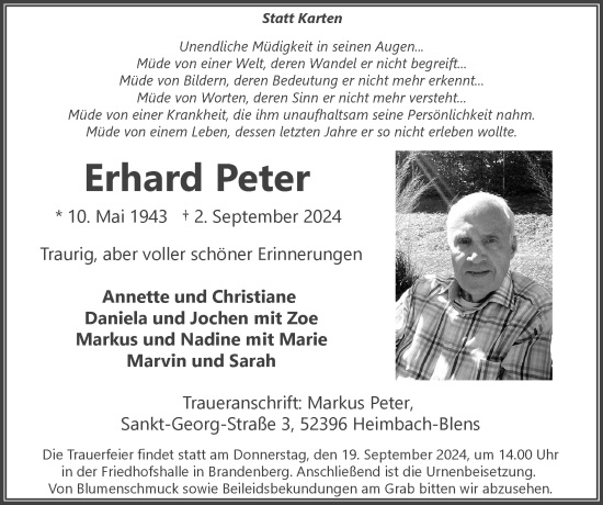 Traueranzeige von Erhard Peter von Zeitung am Sonntag