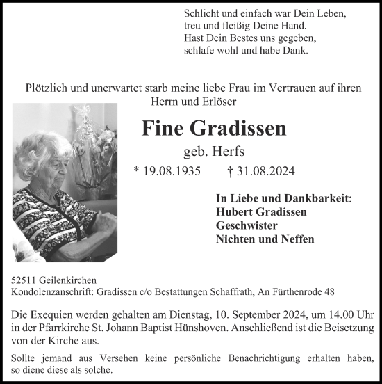Traueranzeige von Fine Gradissen von Zeitung am Sonntag