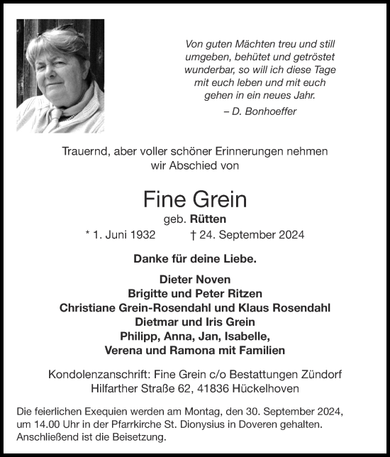 Traueranzeige von Fine Grein von Zeitung am Sonntag