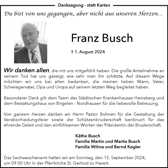 Traueranzeige von Franz Busch von Zeitung am Sonntag