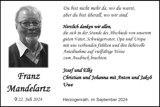 Traueranzeige von Franz Mandelartz von Zeitung am Sonntag