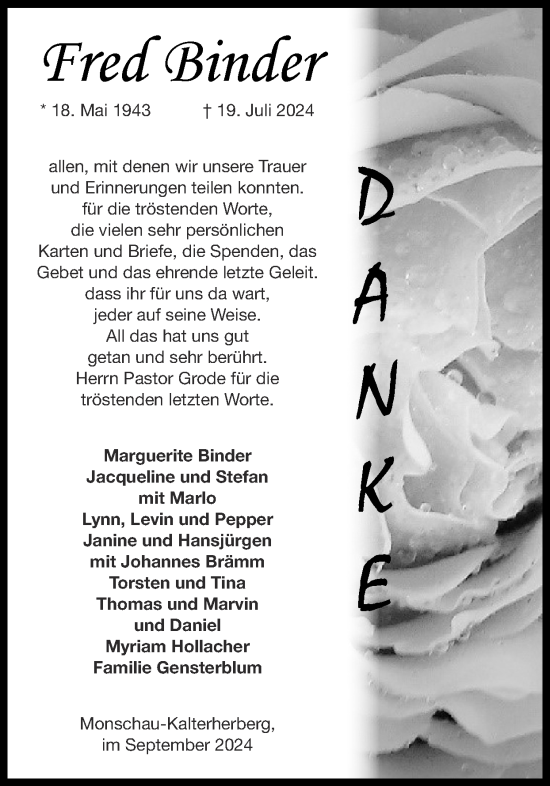 Traueranzeige von Fred Binder von Zeitung am Sonntag