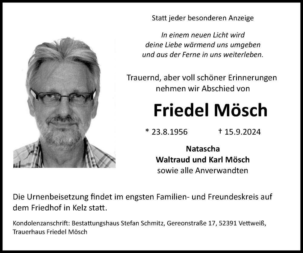  Traueranzeige für Friedel Mösch vom 29.09.2024 aus Zeitung am Sonntag