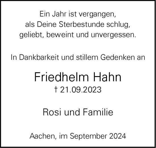 Traueranzeige von Friedhelm Hahn von Zeitung am Sonntag