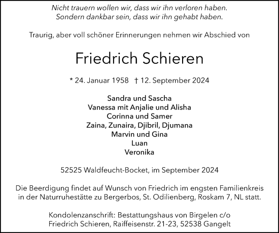 Traueranzeige von Friedrich Schieren von Zeitung am Sonntag