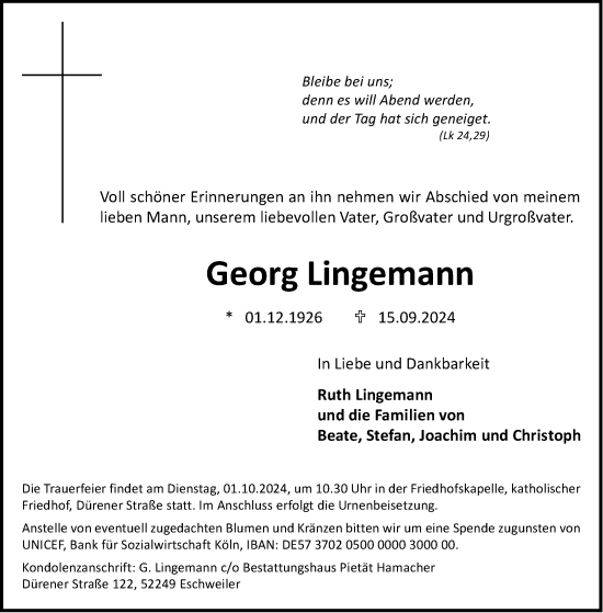 Traueranzeige von Georg Lingemann von Aachener Zeitung